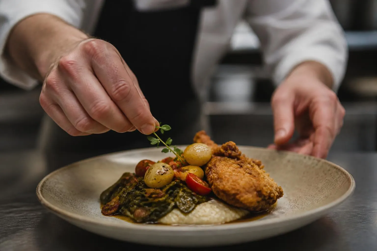 A chef plating a Southern seasonal dish on a ceramic plate at a restaurant pass