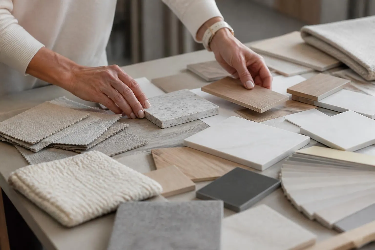 An interior designer arranging fabric, stone and white oak samples on a studio table