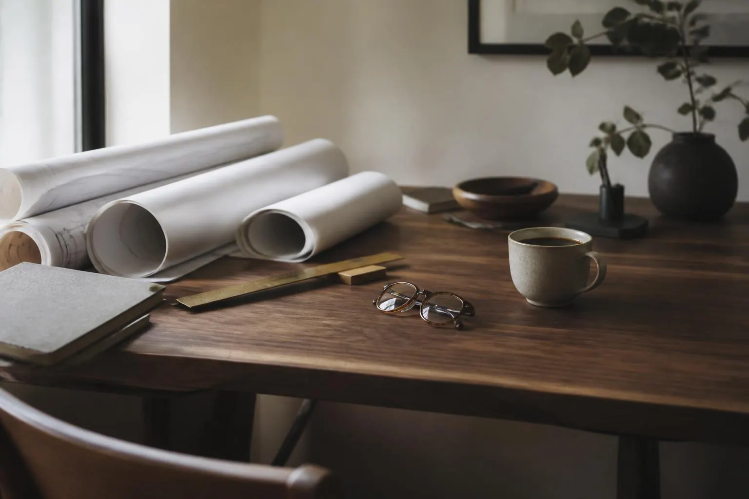 Rolled architectural drawings, a brass ruler and reading glasses on a walnut desk