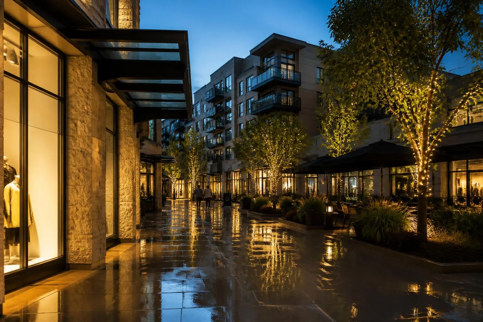 An open-air Charlotte shopping and dining district at blue hour with lit storefronts and string lights