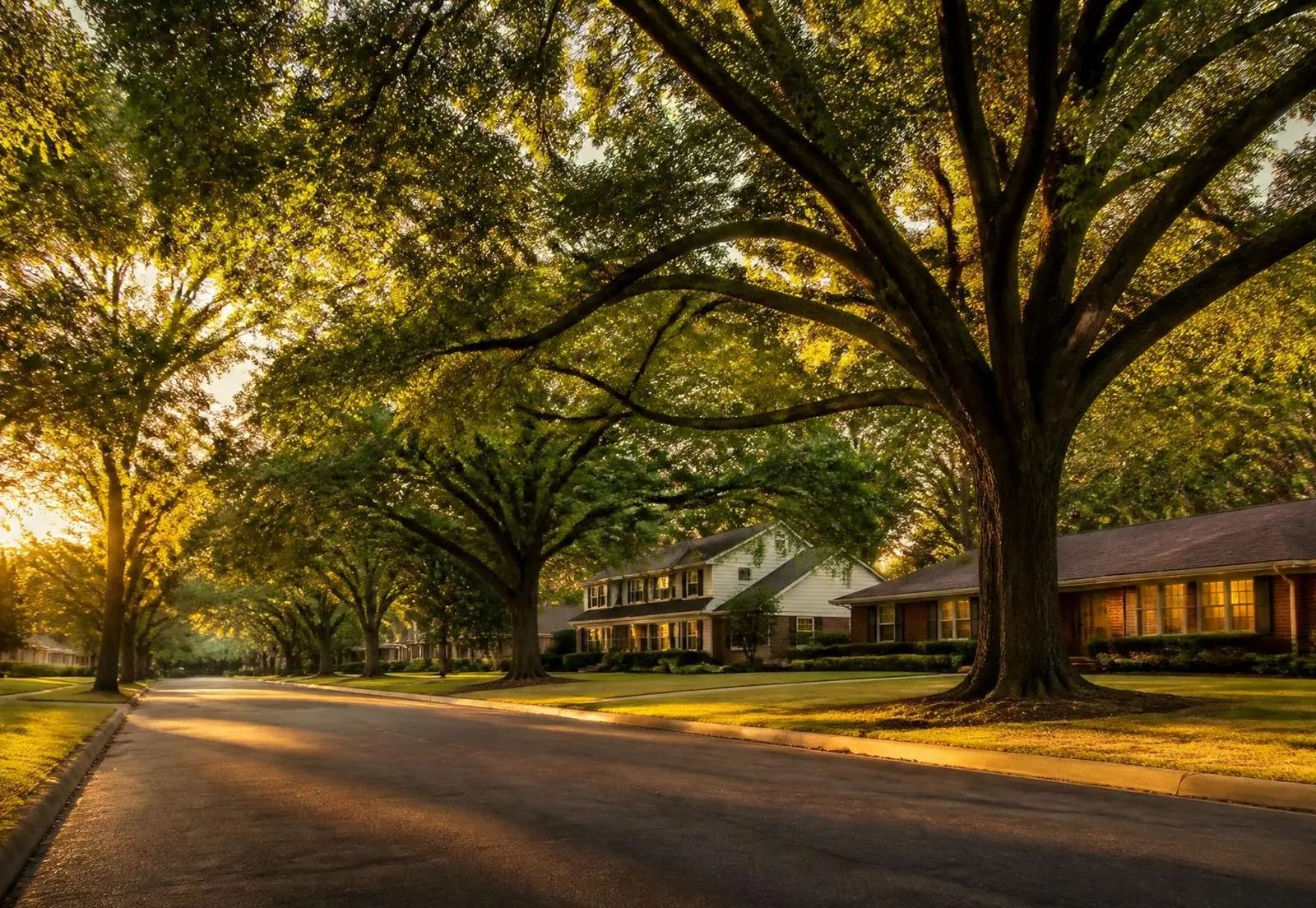 A quiet Barclay Downs street in Charlotte beneath a canopy of mature willow oaks at golden hour