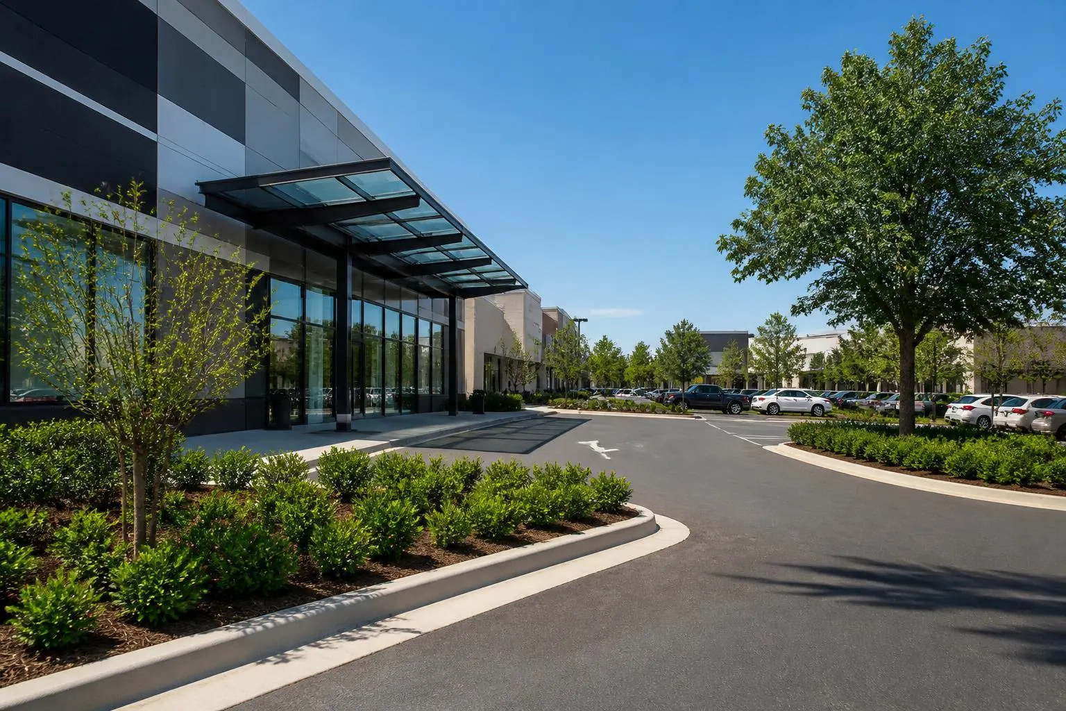 The glass entry canopy and landscaped parking court of an upscale Charlotte shopping mall