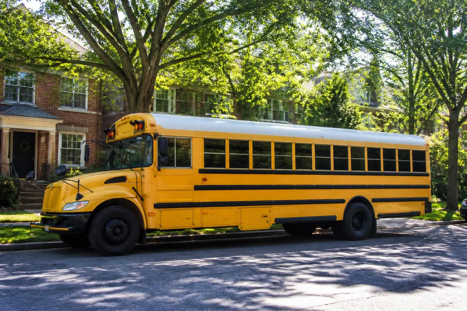 A yellow school bus parked on a leafy residential street in front of brick homes